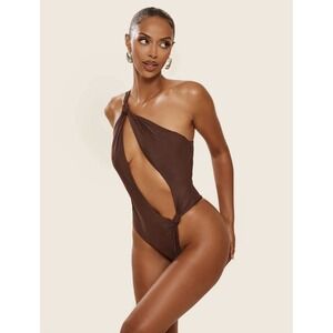 Mars The Label US 6 One Piece Swimsuit Asymmetric Knot Detail Brown One Shoulder